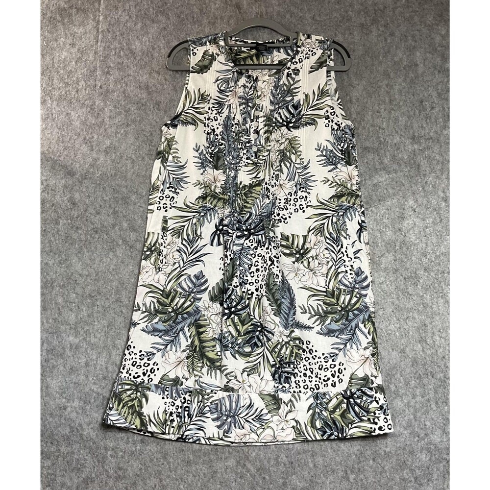 Tahari Dress Womens Large White Tropical Floral Linen Blend Sleeveless Pockets